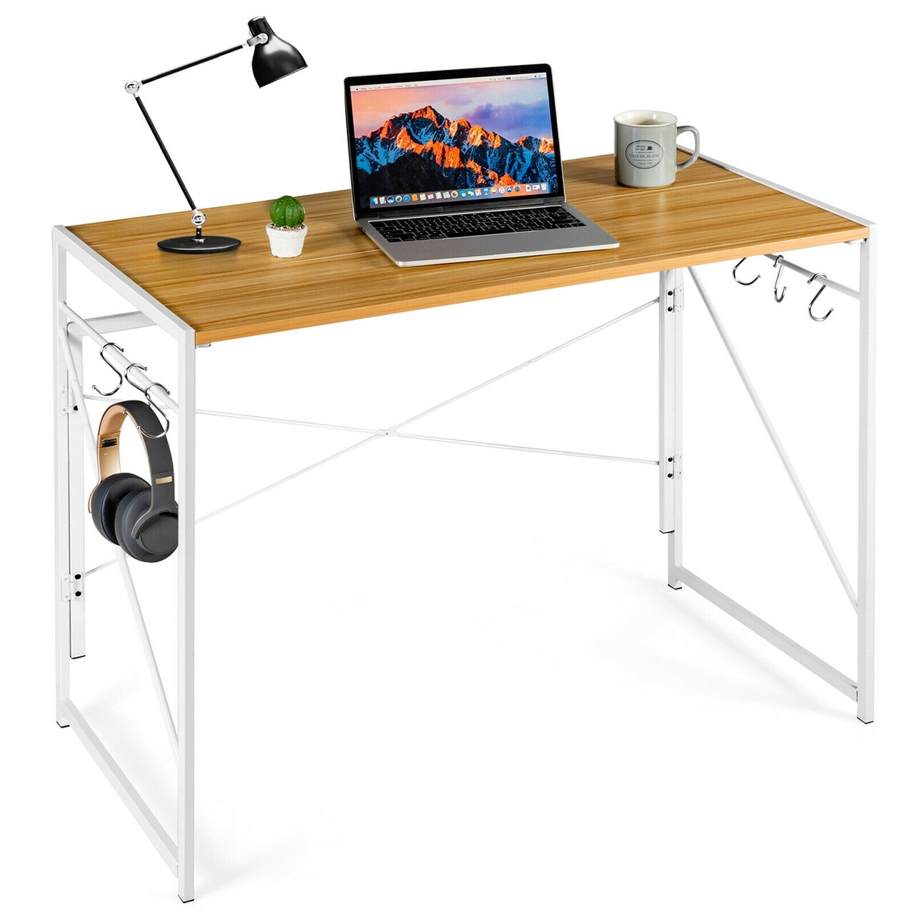 Folding Computer Desk Writing Study Desk Home Office with 6 Hooks
